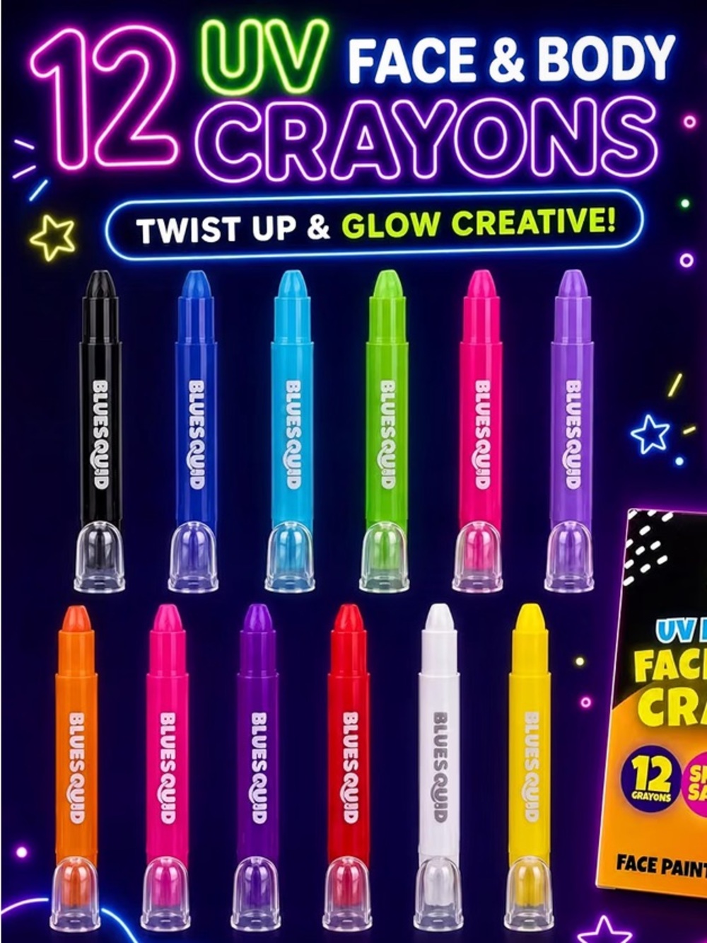 UV Neon Body Crayons - 12 Vibrant Colors Twistable & Washable Face Paint - Picture 5 of 6